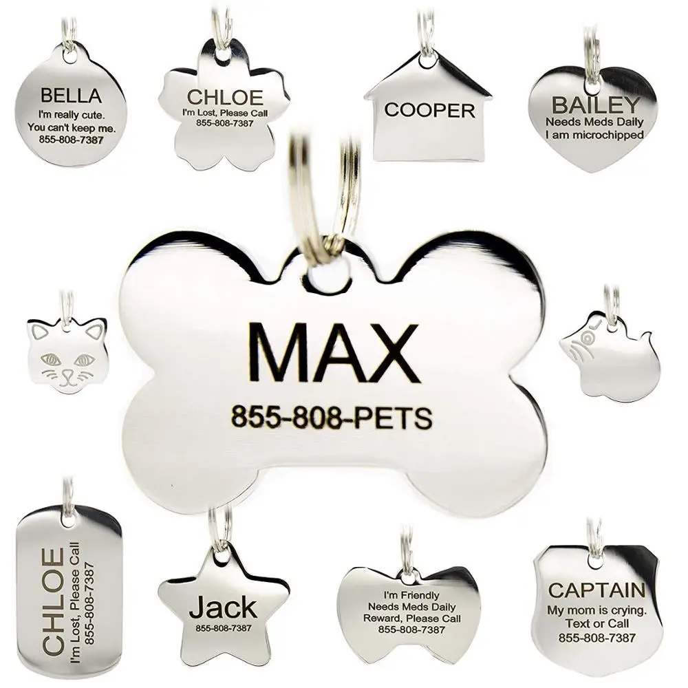 Stainless Steel Pet ID Tags Personalized Dog Tags Cat Tags Bone, Round, Heart, Flower, Badge, House, Star, Rectangle, Bow Tie