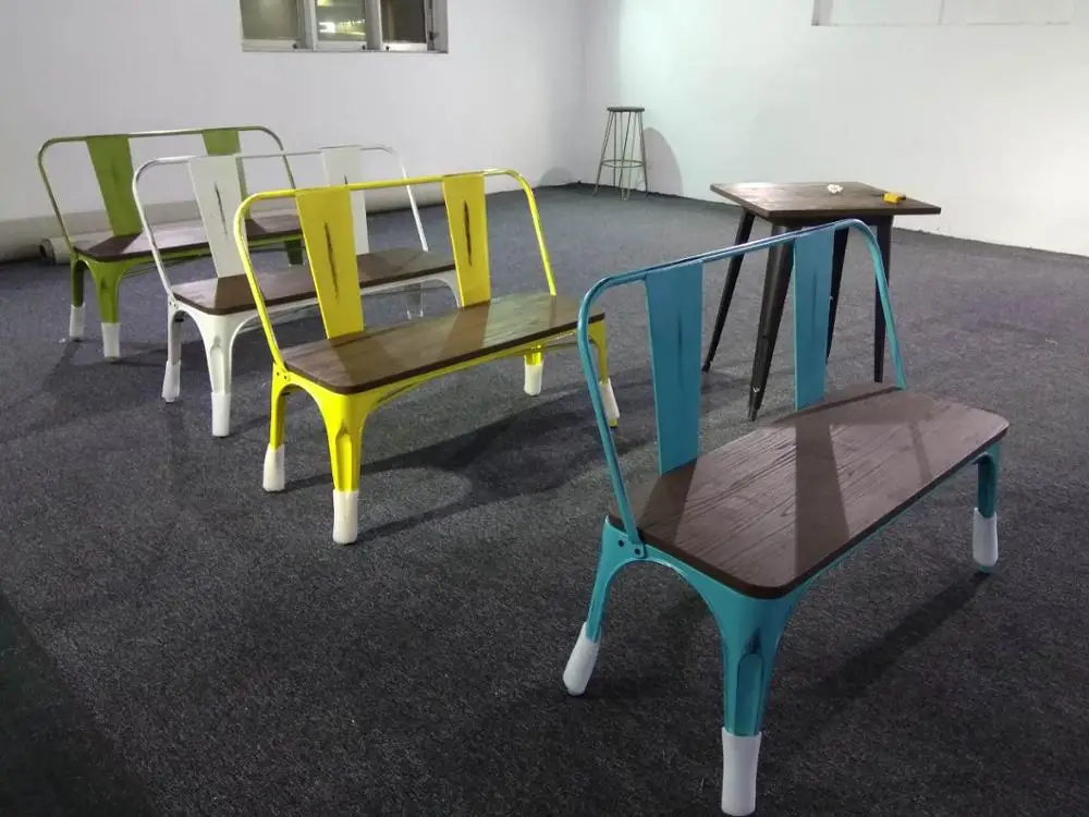 2 Seater Backrest Natural Pinewood Top Metal Frame Patio Garden Kitchen Dining Bench Chair