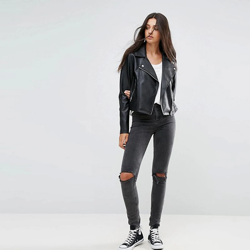 Wholesale New winter custom black Spread collar jacket fashion faux leather biker jacket for women