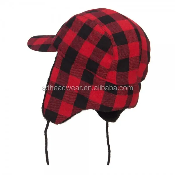 ear flap winter hats with strings and earflap red plaid woolen hat