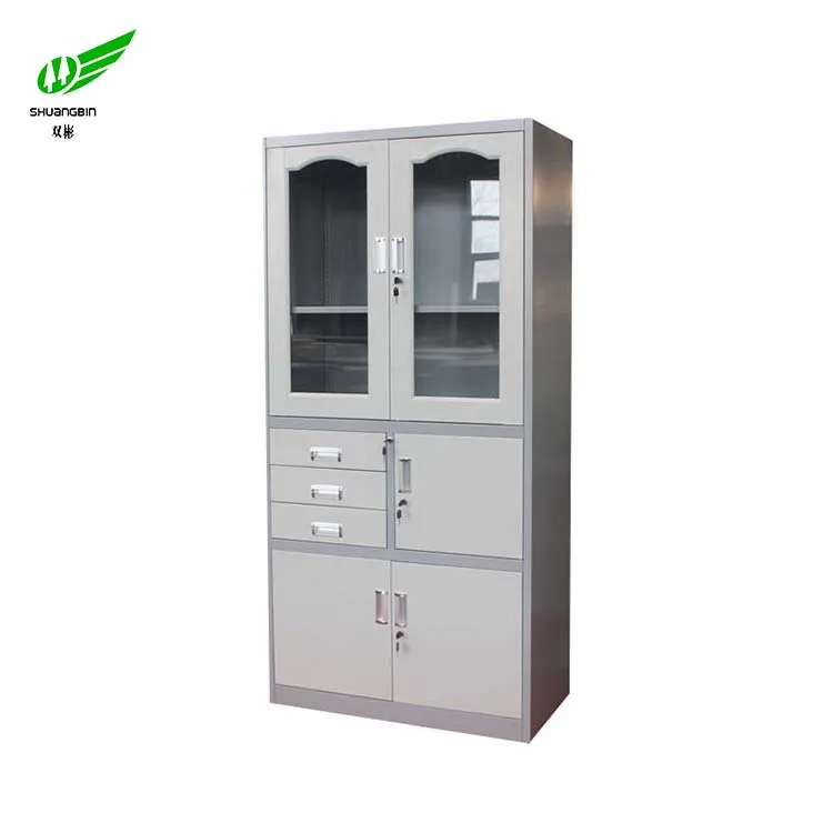 Model designed white glass cabinet door lock/office steel cupboard with 3 drawers and 2 glass doors/cupboard