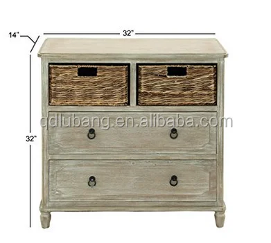 Wicker Basket Drawers Solid Wood Storage Cabinet