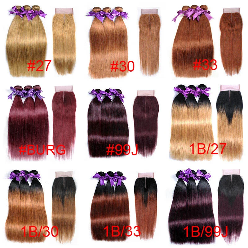 
100% Remy Human Hair Bundles With Closure Straight , #99J Dark Wine Red Brazilian Colored Hair Extension 
