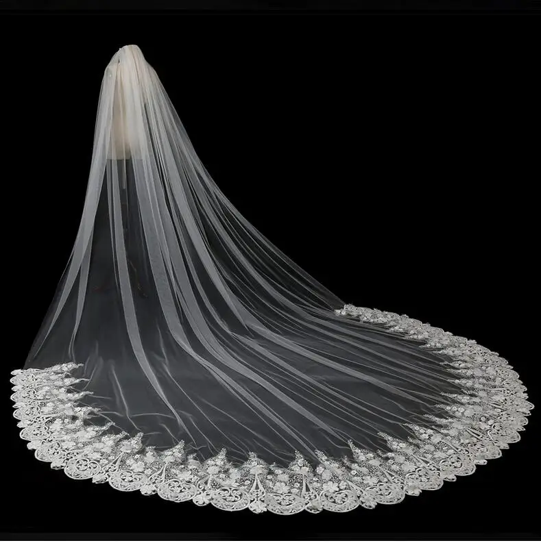 
5 Meters Long Wedding Veils Applique Flowers Beads Bridal Veils 0ne Layer Luxury 2018 