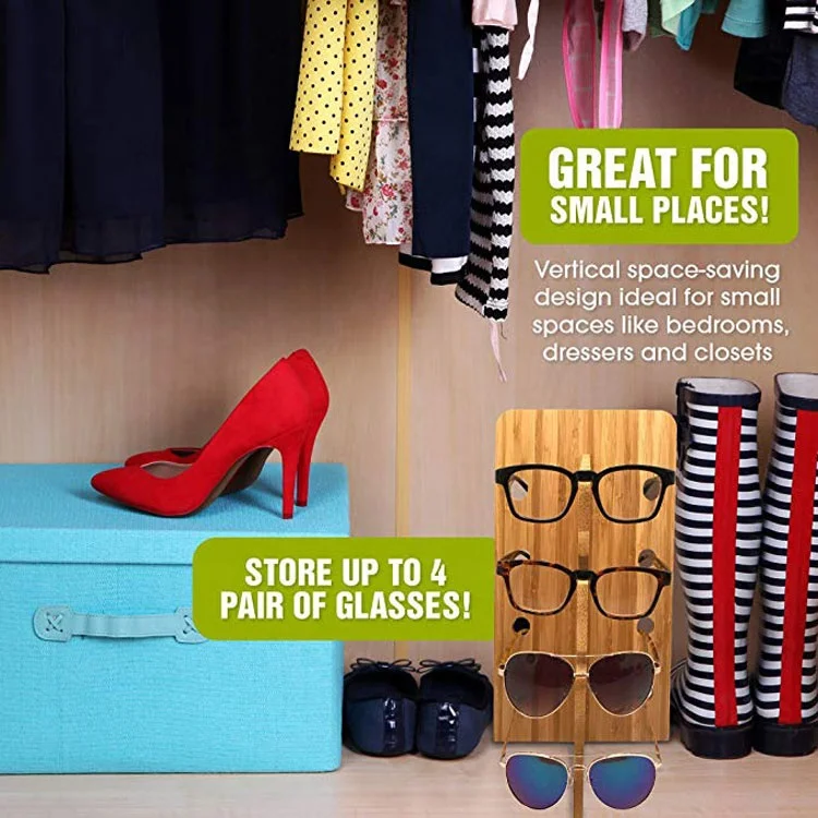 
Bamboo vertical eyewear organizer stand sunglasses display rack with holds 4 pairs 
