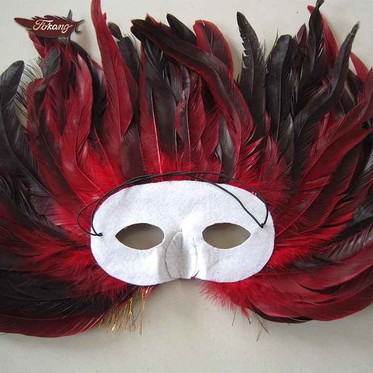 Large Size Red Rooster Tail Feather Carnival Mask With Peacock Feather Decoration
