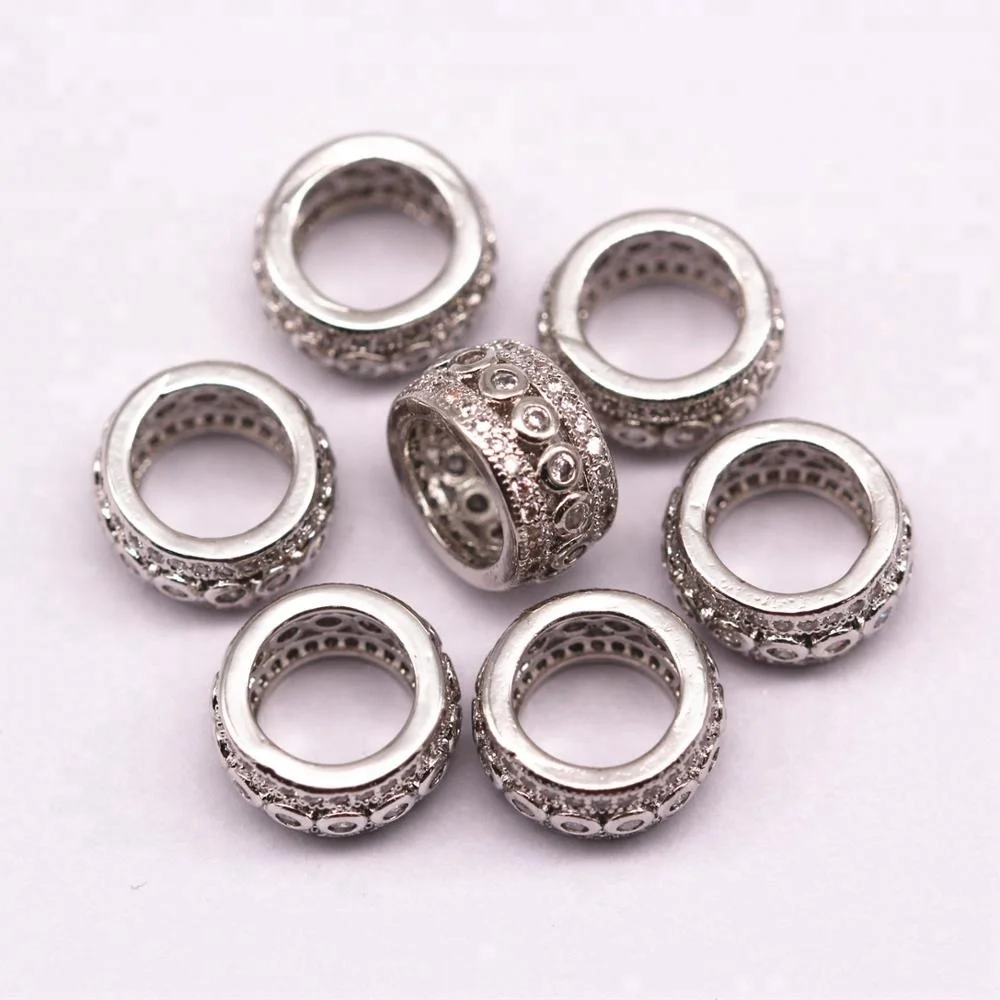 Meaning Mirco Pave Clear Zircon Large Hole Flat Wheel Shape Copper Charm Beads for Jewelry Making