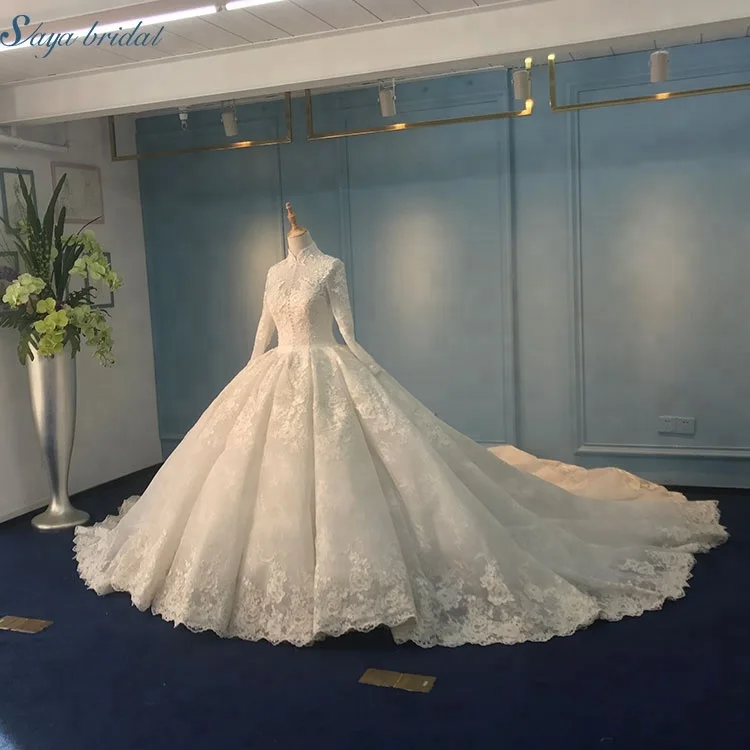 High collar lace patch 150 cm train muslim bridal wedding dress