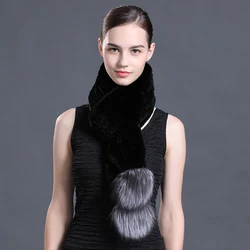 CX-S-109A Hot Sale Hand Knitted Scarves Rex Rabbit Fur Scarf with Fox Fur Pompom