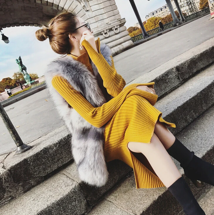 women knit long   turtleneck  thicken winter Korean style  fashion Sashes  furcal pure color