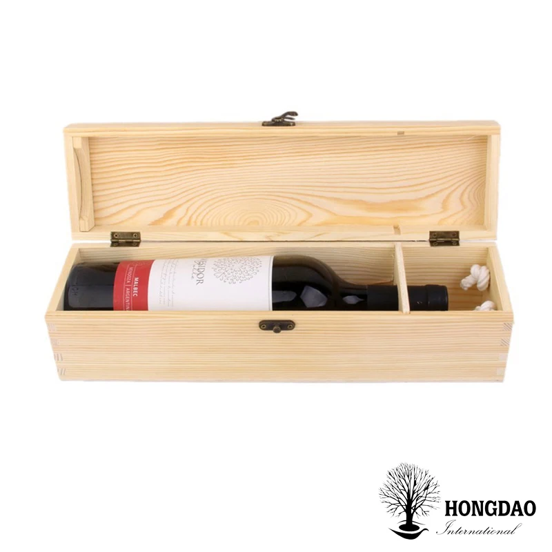 
HONGDAO custom made hot sale unfinished pine wood box single wine gift packaging wooden box 