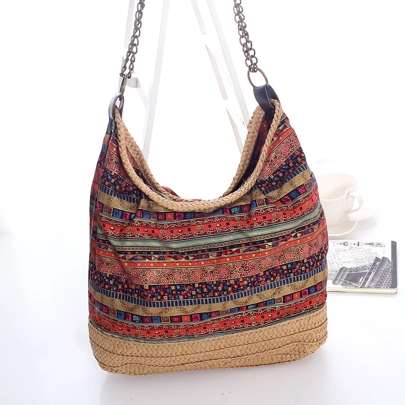 Eco-Friendly Summer Beach Lady  China bohemian style fabric and paper straw ladies handbags paper straw bag