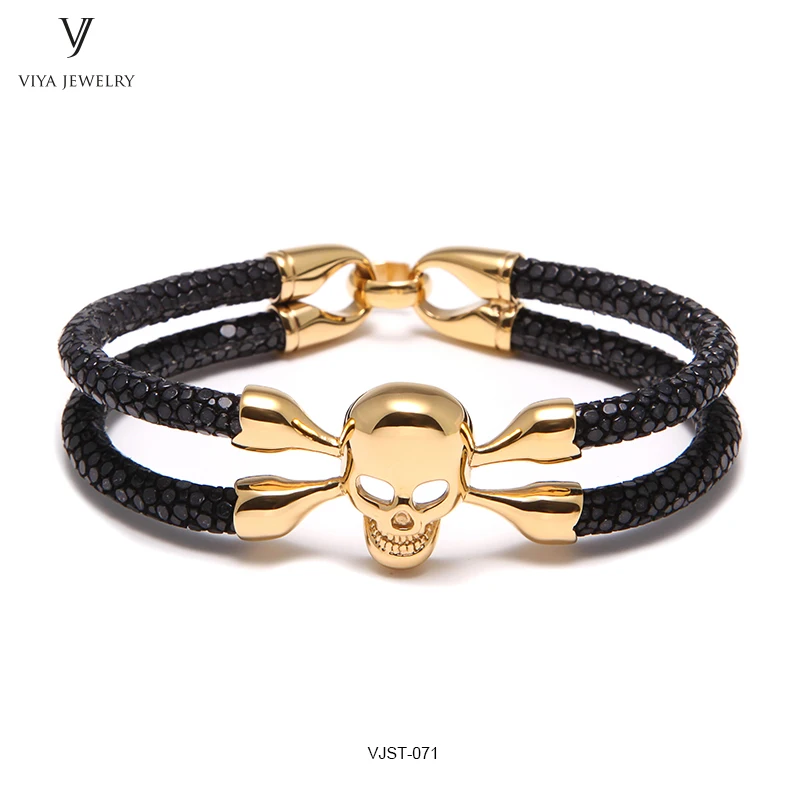 
Hot Sale Dongguan Bracelet Gift Promotional Stingray Leather Men Bracelet with Gold Skull 