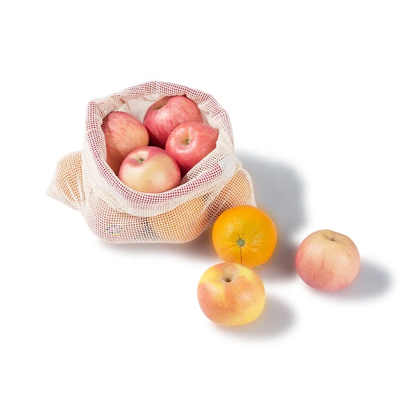 Eco-friendly custom Reusable Simple 100% Organic Cotton Mesh fruit vegetable Produce Bag with packaging boxes