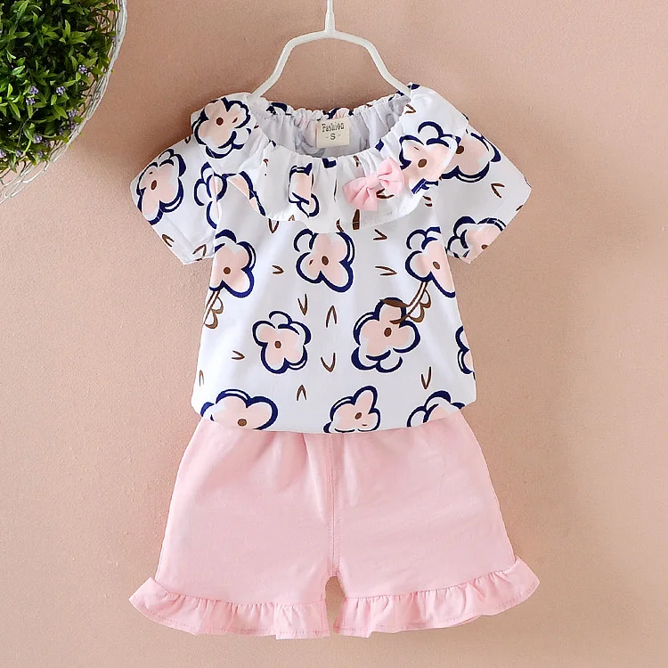 Fashion lovely comfortable flounces floral print short sleeve top ruffled shorts 2019 kids clothing children boutique clothes