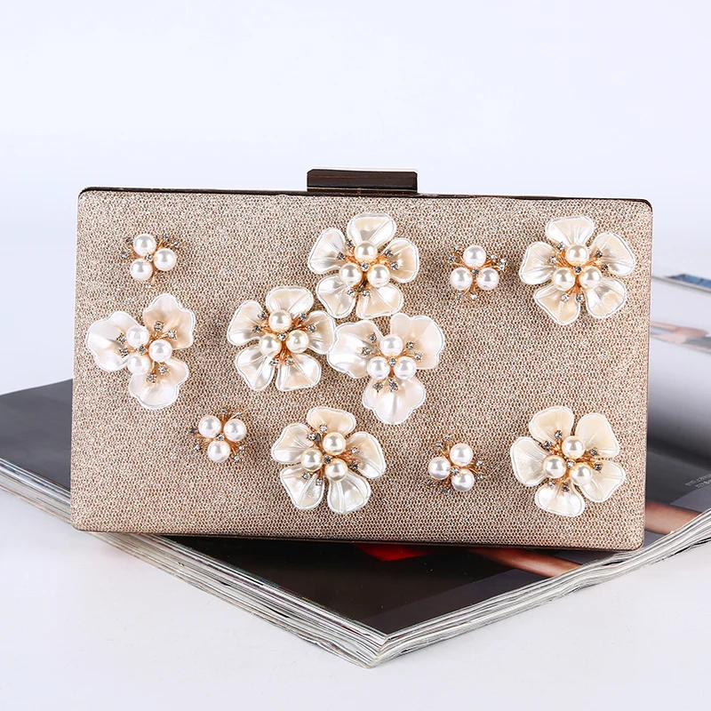 Factory direct wholesale pretty floriation shining fabric wedding party prom champagne ladies clutch bag with good quality