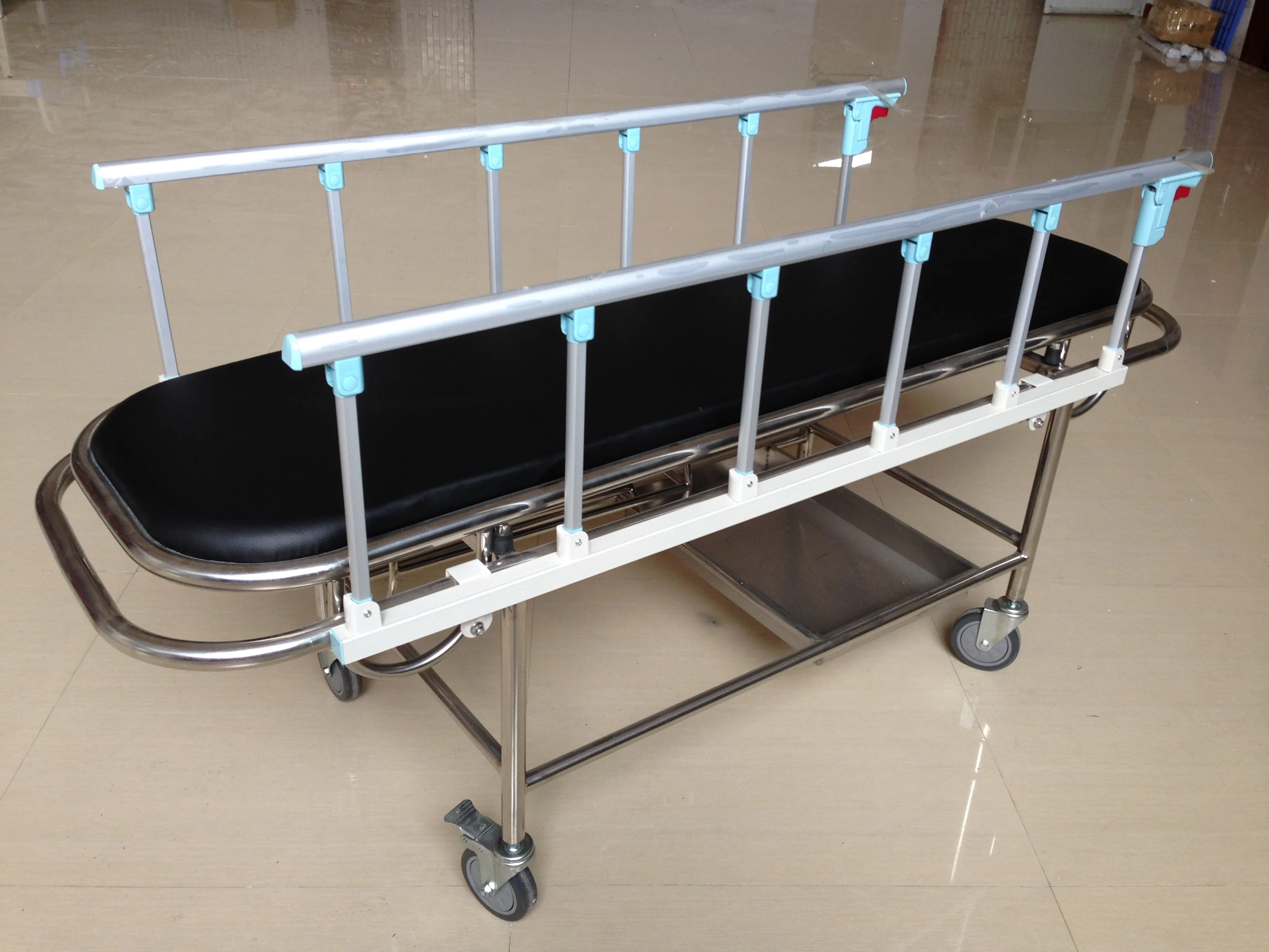 S.S hospital flat aluminum guardrail patient transfer trolley
