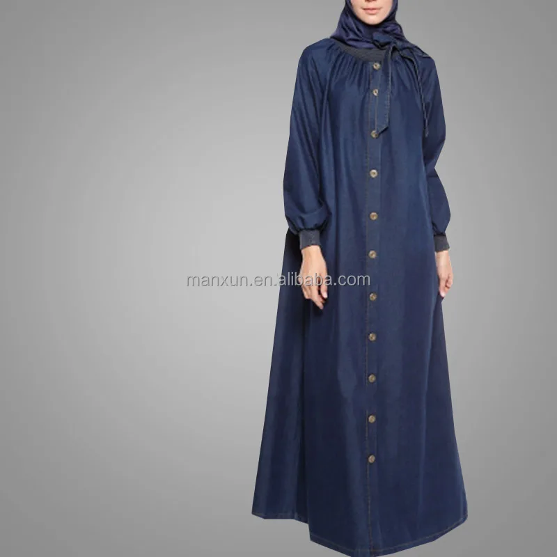 2018 Summer Muslim Denim Abaya Tie Back Islamic Clothing Maxi Jeans Dress Dubai Fashion Long Sleeves Dress