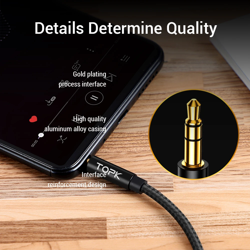 TOPK Gold Plating Nylon Weave Speaker Headphone Male to Male 3.5mm 35mm Aux Audio Cable