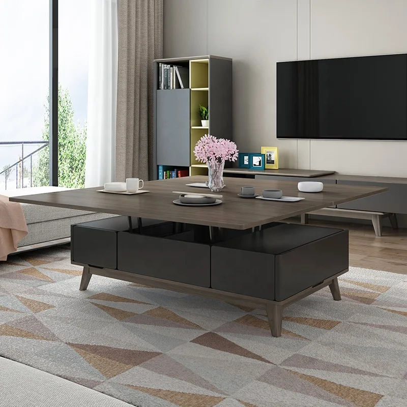 American Style Modern Extendable Storage Wooden Lifting Adjustable Height Black Coffee Table Furniture