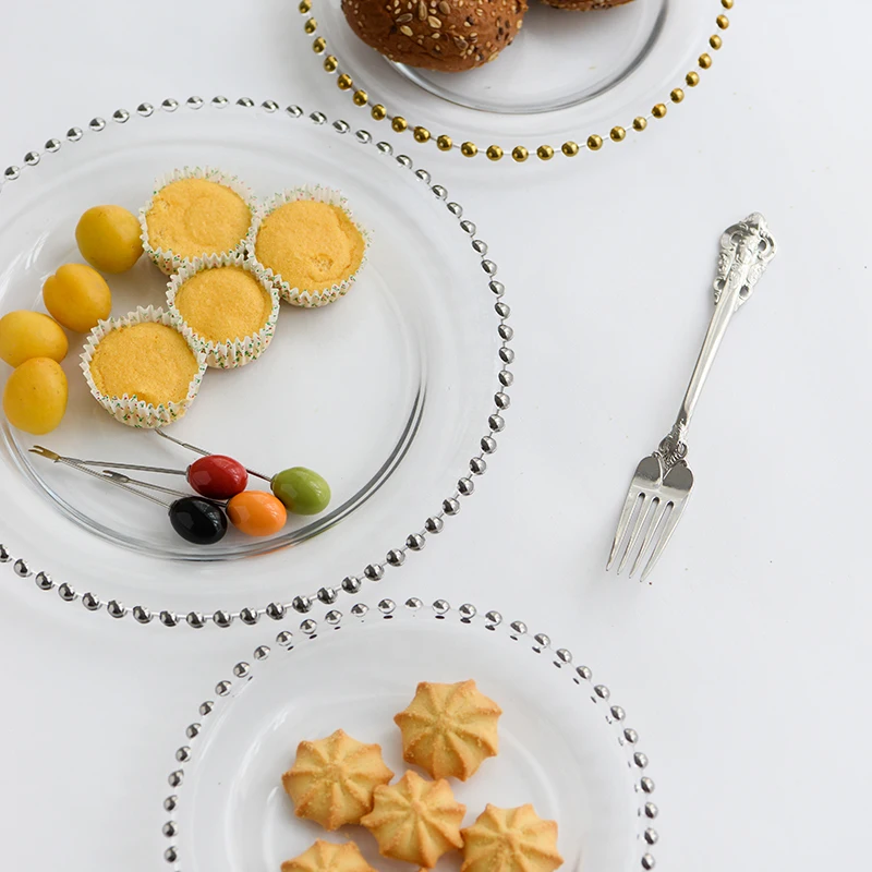 Inch bulk round decorativewholesale gold silver beaded 13 inch clear wedding gold glass charger plates for wedding decoration