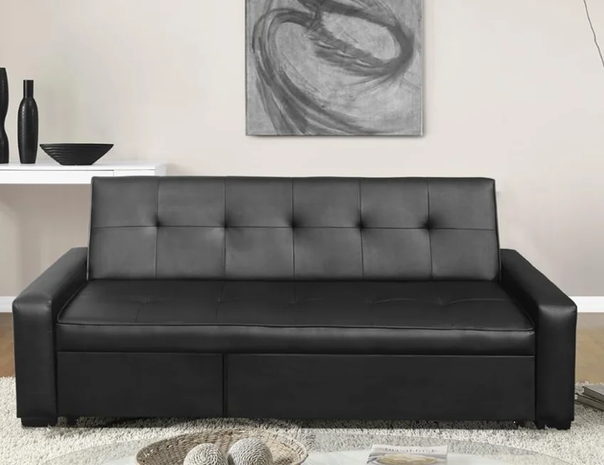 Practical sleeping black leather corner sofa bed