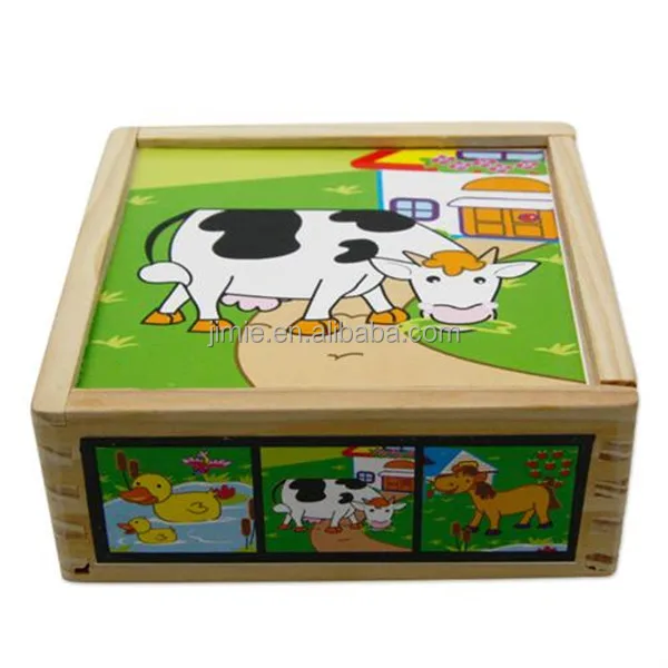 educational toy children playing custom paper cube puzzle game with wooden box