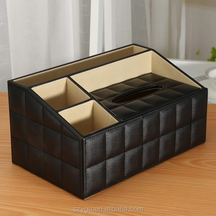 China Factory Pu Leather Tissue Box With Multifunction Remote Pen Holder