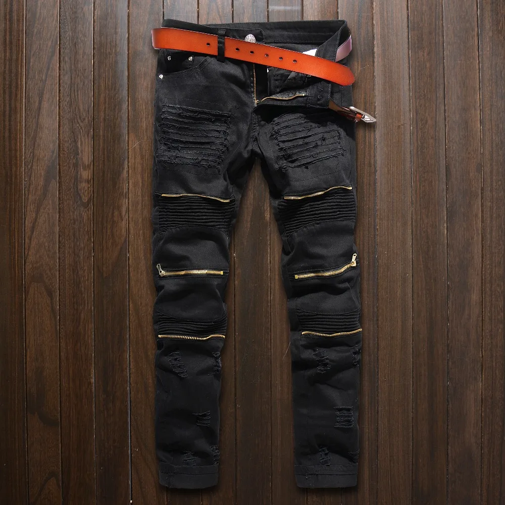 
Men biker Skinny jeans buttom side zipper knee protection elastic jeans denim Biker jeans pants in stock accept small order 