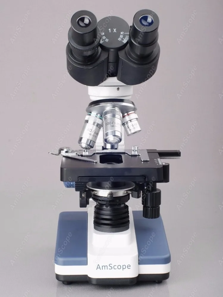 AmScope 2500X LED Lab Binocular Compound Microscope w/ 3D Stage, Book & Blank Slide Set
