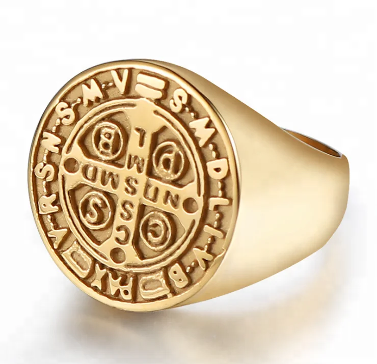 Custom 14K Gold Plated Catholic St Benedict Exorcism Signet Ring