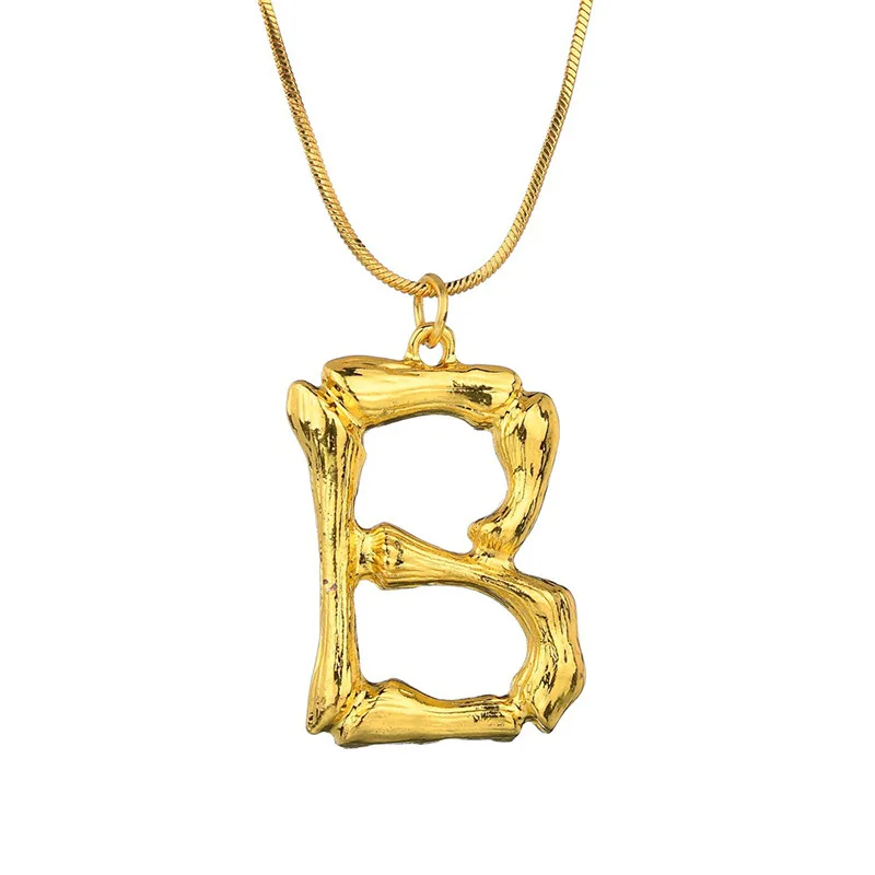 Hot Selling New Design Statement A-Z Bamboo Letter Necklace Gold Plated  Metal Alphabet Pendant Necklace Jewelry