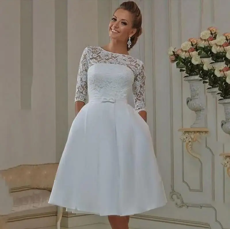 Chiffon Lace A Line White Short Bridal Wedding Party Dresses For Women