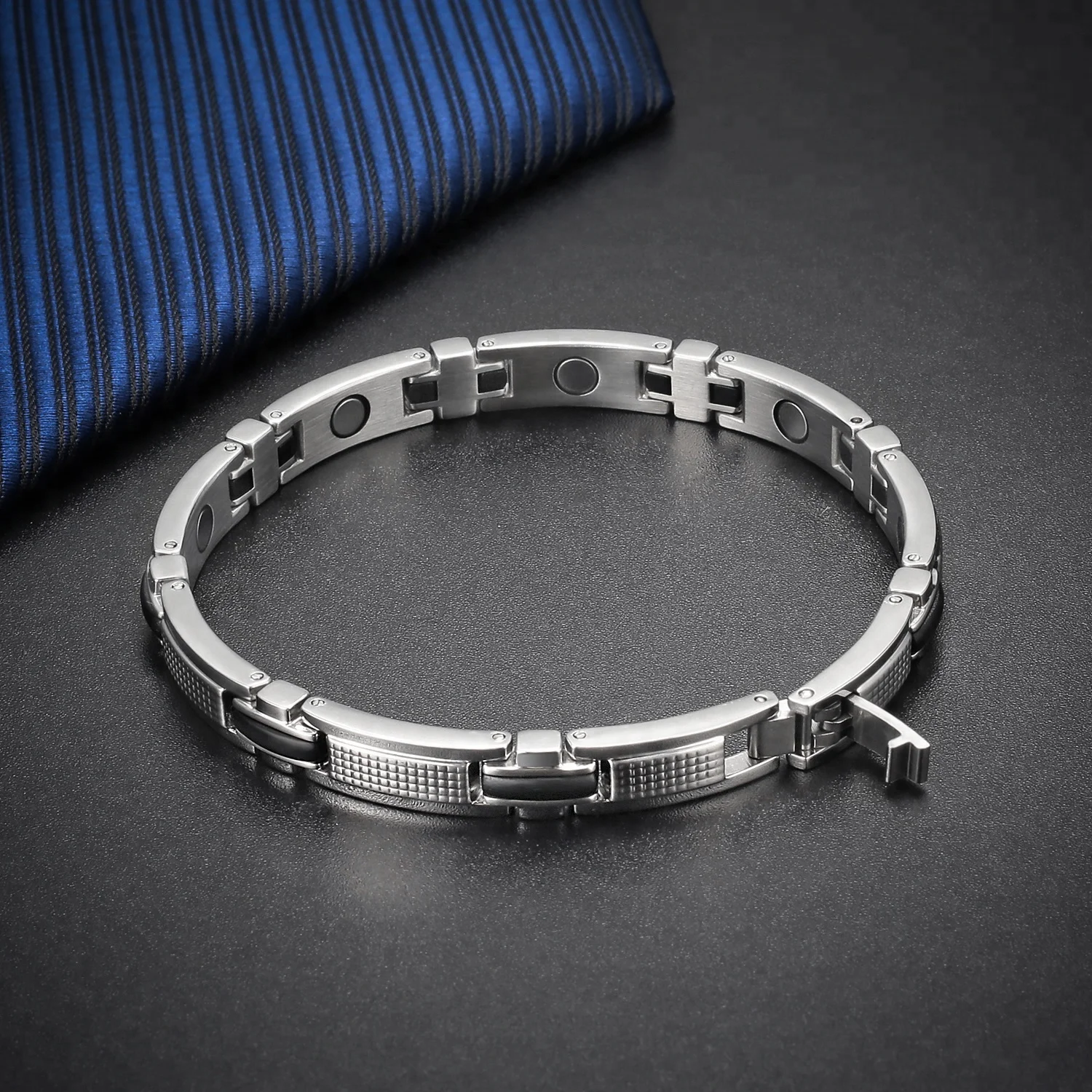 Health Care Therapy 316L Stainless Steel Magnetic Black Couple Rubber Bracelets