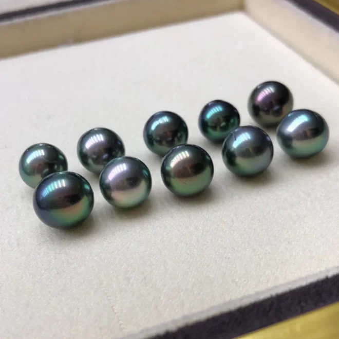 3A grade 9-10mm round peacock seawater sea pearl price natural big black wholesale real  loose tahiti tahitian pearl