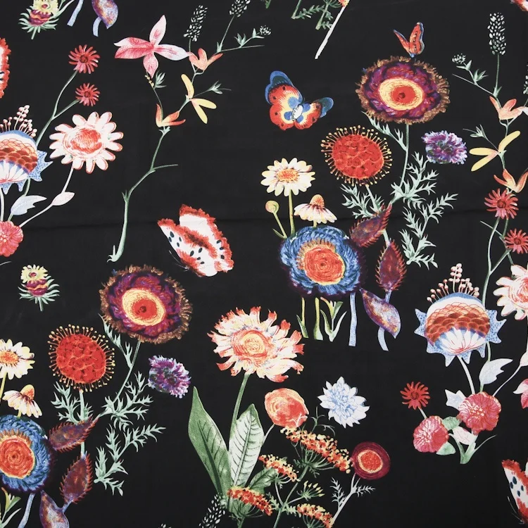 Korean design shinny polyester women custom printed moss chiffon floral printed crepe fabric ready goods wholesale