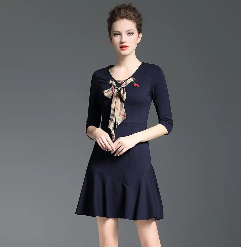 
Wholesale Fashion Solid Color Half Sleeve Women Formal Wear Ladies Office Dress With Bow 