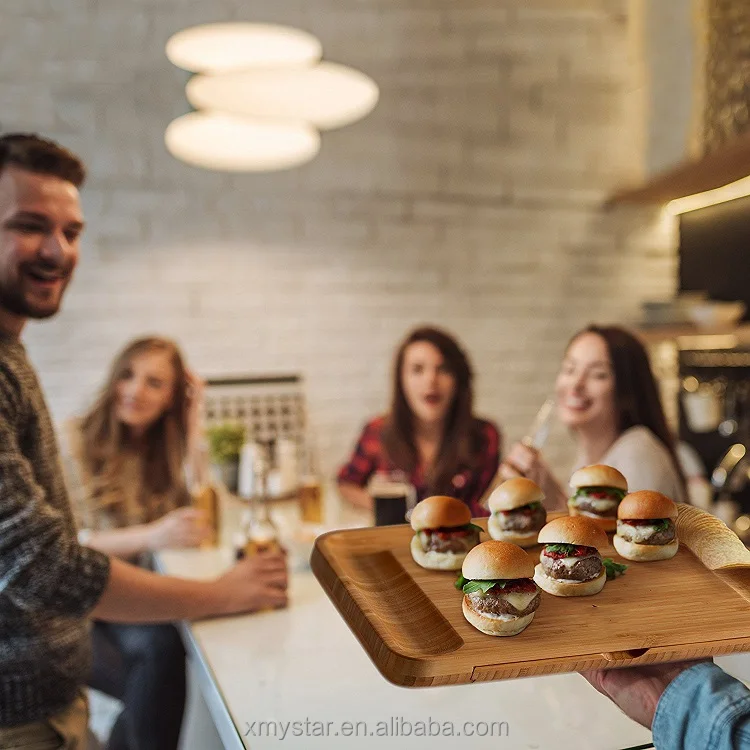 
bamboo cheese serving cutting board wooden, multipurpose servinf tray with a set of 6 cutleries in a slide-out drawer perfect fo 