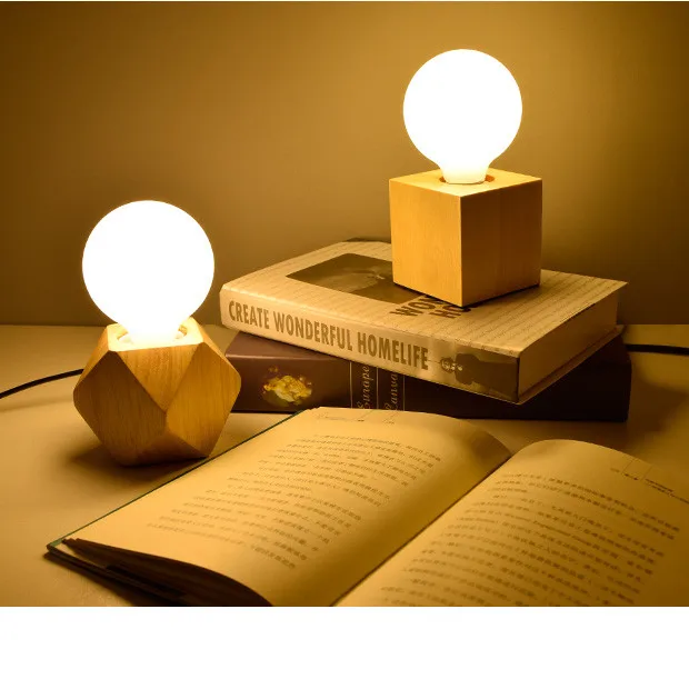 Tonghua Vintage Cubic Natural Wood Filament Light with Bulb Holder E26 E27 Retro Bedroom Table Lamp Desk Light