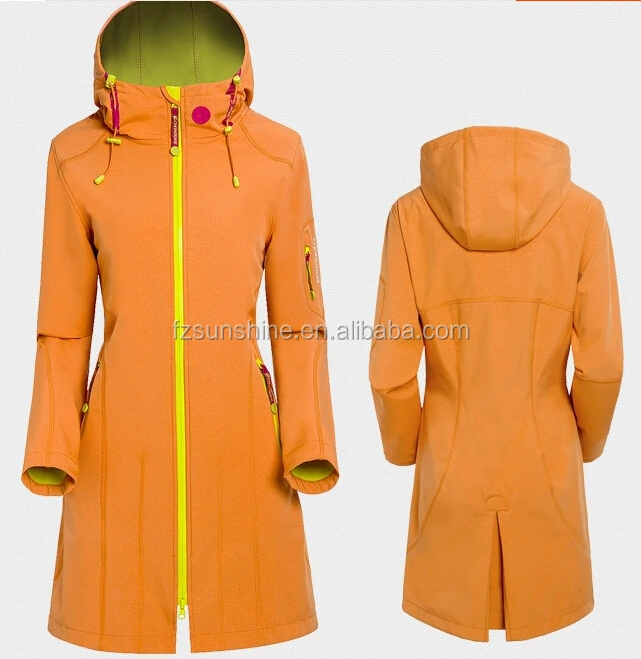 Custom Waterproof Hooded Long Softshell Raincoat for women