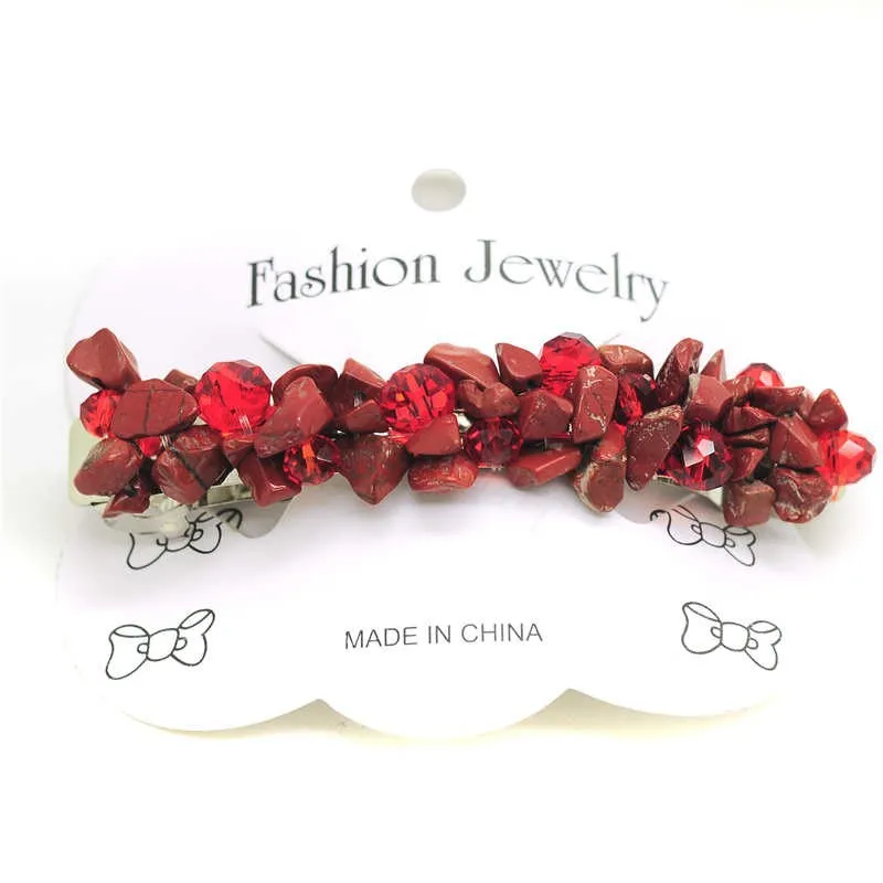 Womens Chip Crystal Rhinestone Barrette Hairpin Natural Red Stone Hair Clip Headwear Nice Gift