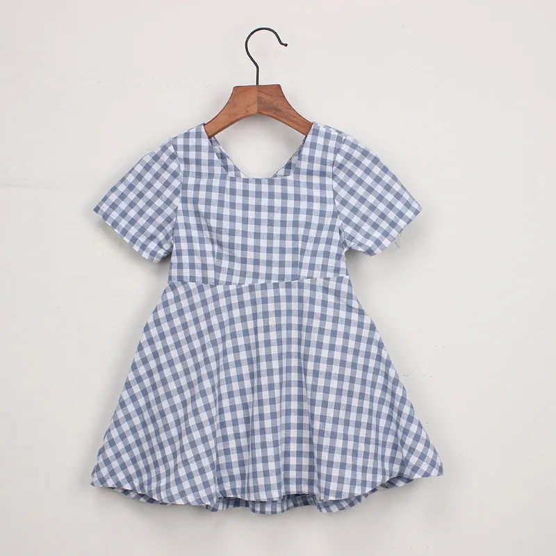 
Western Little Girls Boutique Clothing Blue Plaid Short Sleeve Summer Kids Girls Dress with Bow 