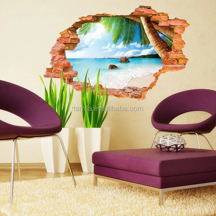 Window 3D Beach View Flowers Sea Wall Stickers art Mural Decal Wallpaper