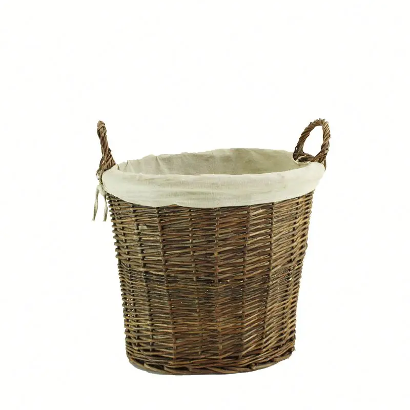 Wooden Garden Small Round Wicker Log Basket With Lining