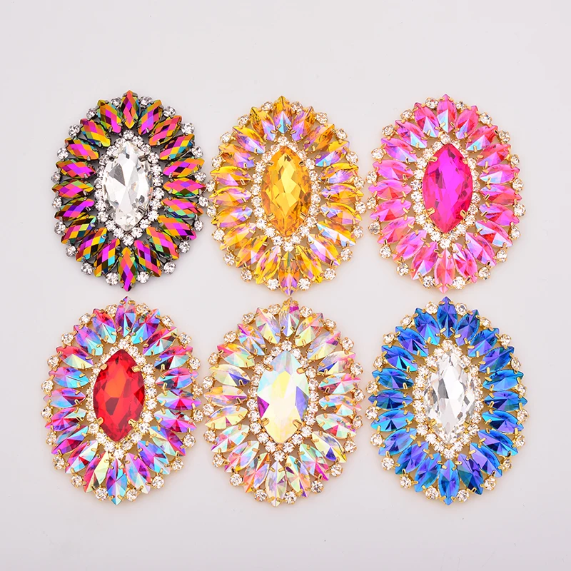 JUNAO 54*70mm Big Crystal  Brooch Sewing Stones Applique Sew On Colorful Glass Rhinestone Flowers For Dress Shoes Jewelry Crafts