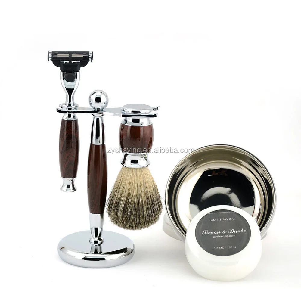 ZYshaving Hot Sale 5in1  HIgh Quality Badger Hair Mens Stand Badger Hair Brush Safety Razor Soap Bowl Barber Shaving Set