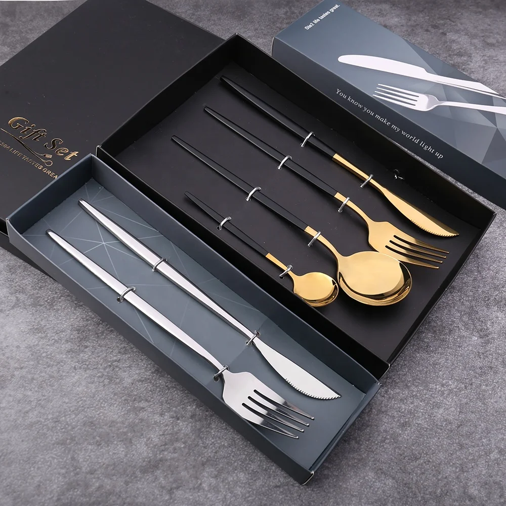 
Promotional Festival Souvenir Stainless Steel Gift Box Knife Fork Spoon Set Gold Plate Cutlery Set 