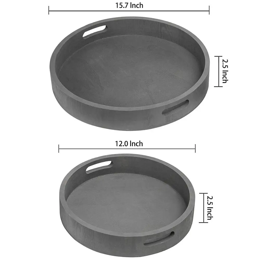 Round Nesting Charcoal Gray Wood Serving Trays Set of 2