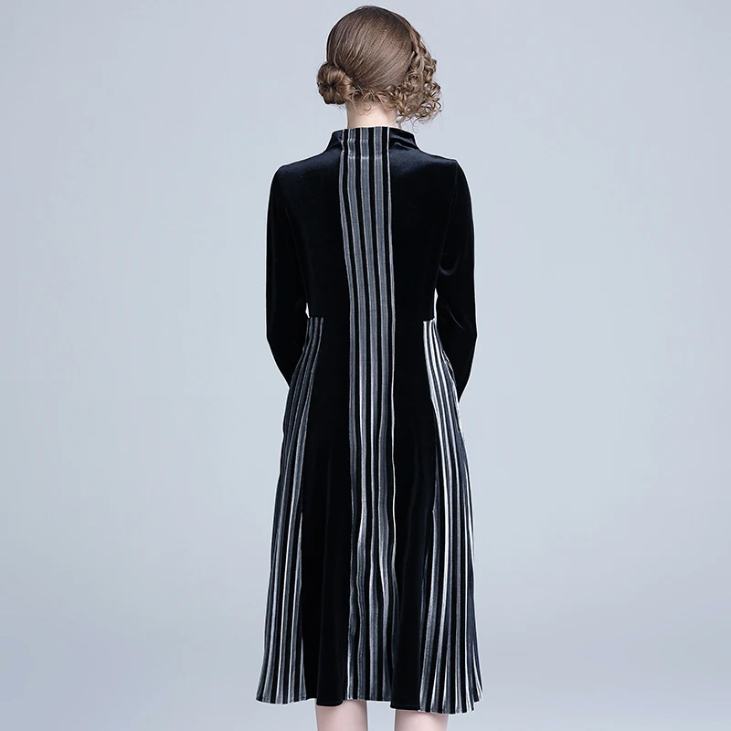 Wholesale In Stock Elegant Women Fashion Turtleneck Long Sleeve Vertical Stripes Patchwork Long Velvet Dress