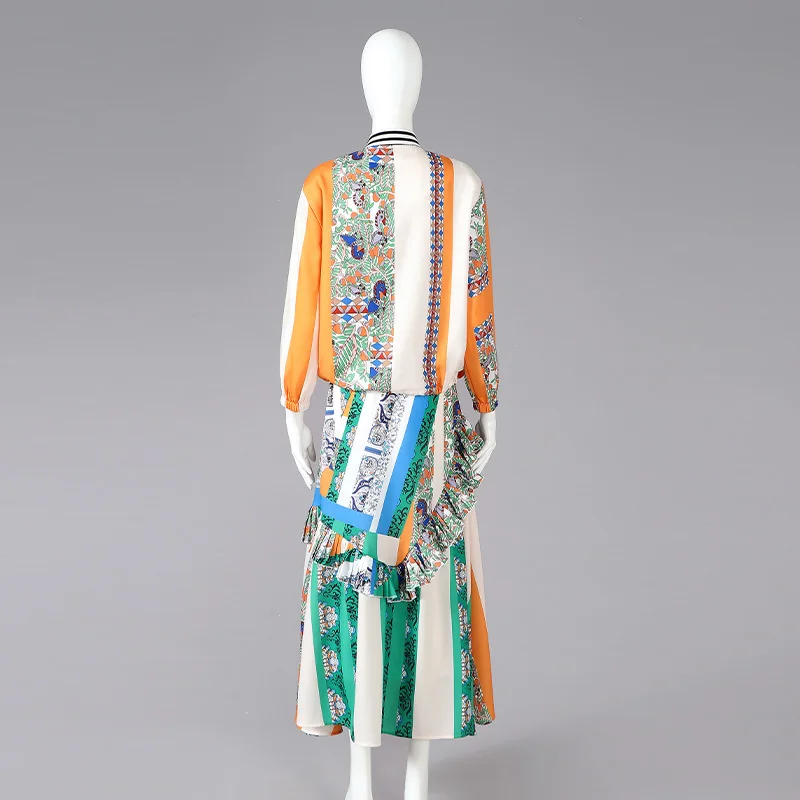 Newly Arrival Bohemian Fashion Style Short Cap Sleeves Ruffle Chiffon Print Dress and Elastic Zip Up Blouse 2 Piece Set Women